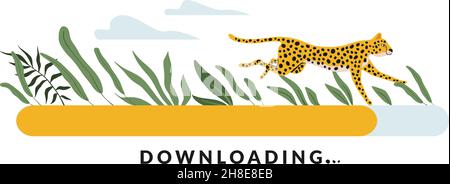 Schneller Download. Schnelles Laden. Der Gepard läuft. Warten auf Upload der Website. Digitale Neustart-Leitung. Computerschnittstelle mit Ladefortschritt Stock Vektor