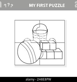 Kindergarten kindliche Spielzeug, Vektor. Puzzle für Kinder. Meine erste Puzzle- und Malseite Stock Vektor