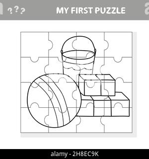 Kindergarten kindliche Spielzeug, Vektor. Puzzle für Kinder. Meine erste Puzzle- und Malseite Stock Vektor