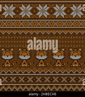 Gestrickte Weihnachts- und Neujahrsmuster in Tiger. Strickpullover Aus Wolle. Tapete Geschenkpapier Textildruck. Eps 10 Stock Vektor