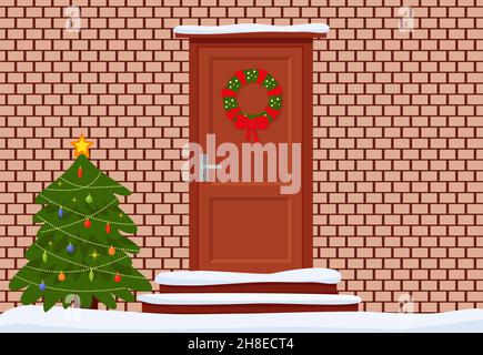 Weihnachtskarte, Banner. Fenster und Tür zu Weihnachten dekoriert. Gemütlichkeit, Komfort. Vektorgrafiken. EPS 10 Stock Vektor