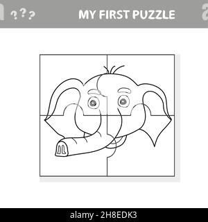Einfache pädagogische Papier-Spiel für Kinder. Einfache Kinder-Anwendung mit lustigen Elefantenkopf. Meine erste Puzzle- und Malseite Stock Vektor