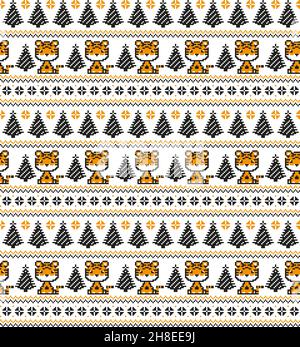 Gestrickte Weihnachts- und Neujahrsmuster in Tiger. Strickpullover Aus Wolle. Tapete Geschenkpapier Textildruck. Eps 10 Stock Vektor