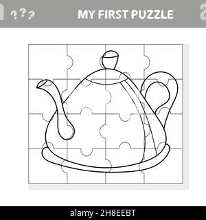 Einfache pädagogische Papier-Spiel für Kinder. Einfache Anwendung für Kinder mit Wasserkocher. Meine erste Puzzle- und Malseite Stock Vektor