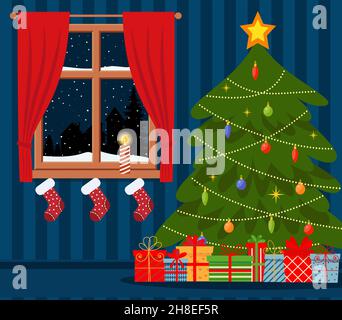 Gemütliches Wohnen Weihnachten mit rotem Sofa, Geschenken und Baum. Vektorgrafik im flachen Stil. Eps 10 Stock Vektor
