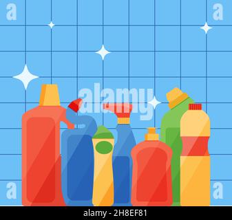 Verschiedene Reinigungsmittel auf einem Regal in einem Badezimmer oder einer Toilette gesetzt Reinigungszubehör flach Stil. Eps 10 Stock Vektor