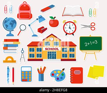 Set von niedlichen Vektor-Sticker Schule Symbole. Flacher Style. EPS 10 Stock Vektor