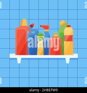 Verschiedene Reinigungsmittel auf einem Regal in einem Badezimmer oder einer Toilette gesetzt Reinigungszubehör flach Stil. Eps 10 Stock Vektor