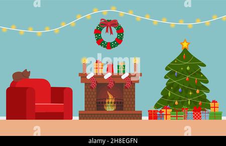 Gemütliches Wohnen Weihnachten mit rotem Sofa, Geschenken und Baum. Vektorgrafik im flachen Stil. Eps 10 Stock Vektor
