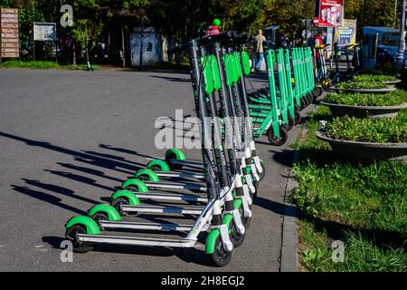 Bukarest, Rumänien, 1. November 2020: Reihe von vielen Elektrorollern, die auf einer Seitenarbeit vor dem Park in Bukarest, Rumänien, geparkt sind, alternativer Transport Stockfoto