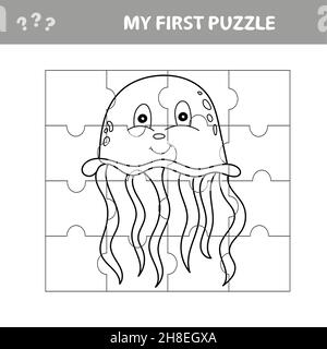Puzzle mit Quallen. Lernspiel für Kinder. Meine erste Puzzle- und Malseite Stock Vektor