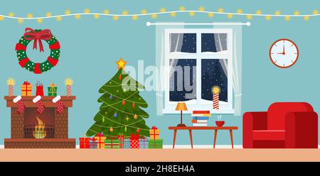 Gemütliches Wohnen Weihnachten mit rotem Sofa, Geschenken und Baum. Vektorgrafik im flachen Stil. Eps 10 Stock Vektor