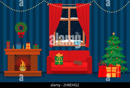 Gemütliches Wohnen Weihnachten mit rotem Sofa, Geschenke und Kamin. Vektorgrafik im flachen Stil. Eps 10 Stock Vektor
