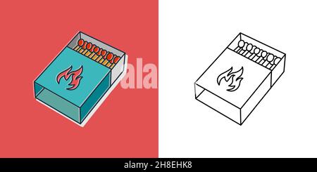 Streichholzschachtel und Matches oder Luzifer-Match. Camping-Logo. Reise- und Reisesymbol. Wanderelement zum Drucken. Aufkleber, Doodle Pin, Patch. Stock Vektor