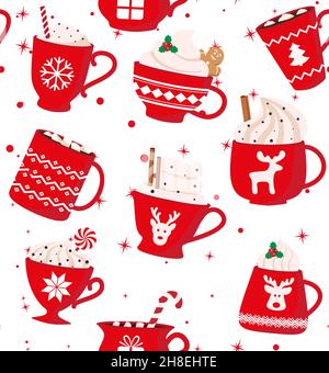 Nahtloses Muster. Rote Tasse mit einem heißen Getränk. Niedliche Weihnachtskarte. Vektorgrafik. Eps 10 Stock Vektor
