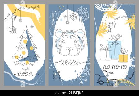 Hello 2022 Winter Cover Set mit in durchgehender Linie Stil. Tiger, Tannenbaum, Geschenke. Design für Broschüren, Blogging Stories, Anwendungen. Vektor Stock Vektor