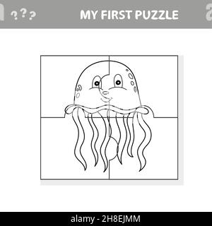 Puzzle mit Quallen. Lernspiel für Kinder. Meine erste Puzzle- und Malseite Stock Vektor