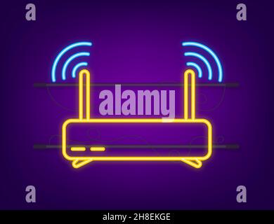 Neonsymbol des Netzwerk-Routers. WiFi-Router, drahtloses Breitbandmodem. Communication Access Network. Vektorgrafik. Stock Vektor
