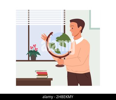 Mann Lehrer hält Globus in den Händen, steht in der Nähe Fenster im Klassenzimmer auf Geographie Lektion Stock Vektor