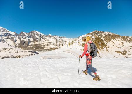 Blick auf die Skyline des Piz Bernina mit dem Morteratschgletscher im Kanton Graubünden in der Schweiz. Backpacker Frau mit Trekkingstöcken auf Diavolezza col Stockfoto