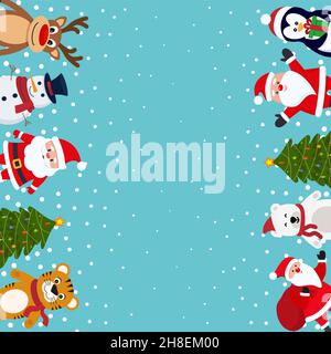 Vektor festliche Weihnachten Hintergrund. Schöne Postkarte. Schneemann, Weihnachtsmann, Baum, Hirsch Bär Tiger EPS 10 Stock Vektor