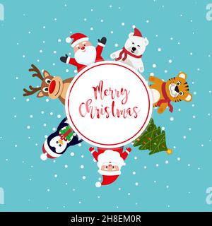 Vektor festliche Weihnachten Hintergrund. Schöne Postkarte. Schneemann, Weihnachtsmann, Baum, Hirsch, Bär, tiger EPS 10 Stock Vektor