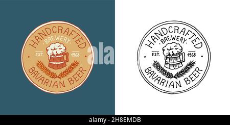Bier und eine Schüssel mit schaumigem Getränk und Weizen. Etikett. Starkes Alkohollogo mit kalligraphischem Element. Rahmen für Poster-Banner. Emblem Aufkleber Hand Stock Vektor