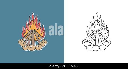 Lagerfeuer oder Waldbrand. Camping-Logo. Reise- und Reisesymbol. Wanderelement zum Drucken. Aufkleber, Doodle Pin, Patch. Stock Vektor