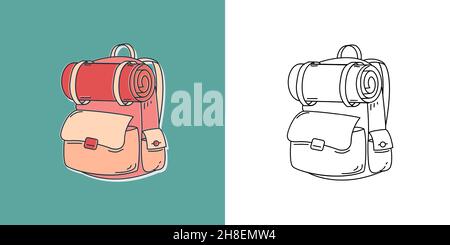 Campingrucksack. Reise- und Reisesymbol. Wanderelement zum Drucken. Aufkleber, Doodle Pin, Patch. Stock Vektor