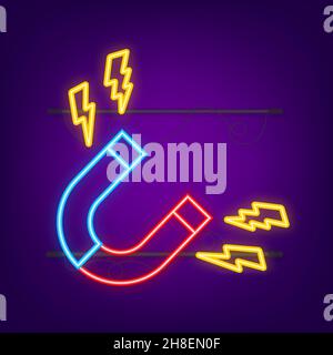 Neonsymbol des Magneten. Hufeisenmagnet, Magnetismus. Vektorgrafik. Stock Vektor