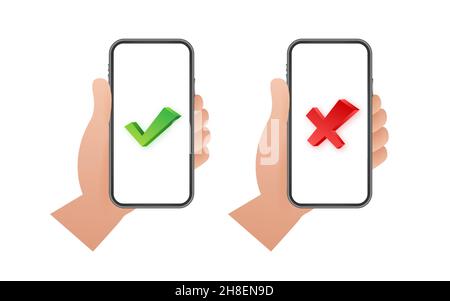 Hände halten Smartphones mit Häkchen gesetzt. Häkchen und Häkchen setzen. Vektorgrafik Stock Vektor