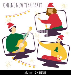Online-Silvesterparty. Feier unter Sperrbedingungen. Remote-Treffen mit Freunden und Familie. Video-Chat. Vektor-Cartoon flache Illustration. Stock Vektor