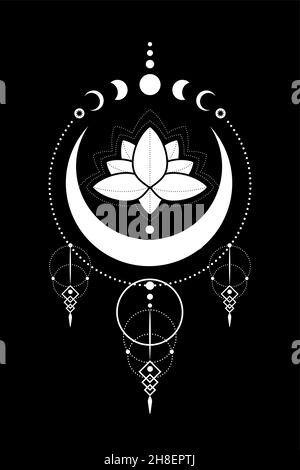 Mystische Mondphasen, Lotusblume, Heilige Geometrie. Dreifacher Mond, Halbmond heidnische Wiccan Göttin Symbol, Silhouette Wicca Banner Zeichen, Energie Kreis Stock Vektor