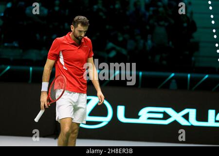 Pala Alpitour, Turin, Italien, 29. November 2021, Marin Cilic (Kroatien) während des Spiels gegen Jannik Sinnerin (Italien) während des Davis Cup Finals 2021 - Viertelfinale - Italien gegen Kroatien - Tennis Internationals Stockfoto