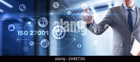 ISO 27001. Internationaler Informationssicherheitsstandard. Konzept der ISO-Normen Qualitätskontrolle Garantie. Stockfoto