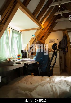 Frau, die von zu Hause aus mit einem Laptop im Heimbüro arbeitet Stockfoto