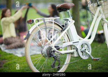 Freunde genießen Picknick hinter dem Fahrrad in Parkgras geparkt Stockfoto