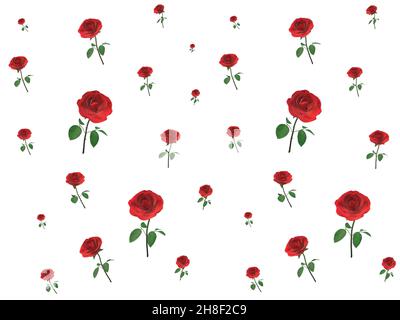 3D Abbildung. Rote Rosenblüten mit grünen Stielen und Blättern auf weißem Hintergrund. Festliches Muster. Geschenkpapier oder Geschenkpapier. Stockfoto