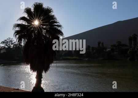 Eine Oase mitten in der Wüste, so ist diese kleine Lagune namens Huacachina in Ica - Peru; Es ist ein sehr beliebtes Touristenziel für seine unusua Stockfoto