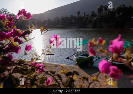 Eine Oase mitten in der Wüste, so ist diese kleine Lagune namens Huacachina in Ica - Peru; Es ist ein sehr beliebtes Touristenziel für seine unusua Stockfoto