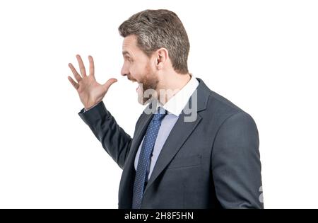Wütend Boss Mann in formellen Anzug brüllen gestikulierend halb-Turn isoliert auf weißen Kopie Raum, brüllend Stockfoto