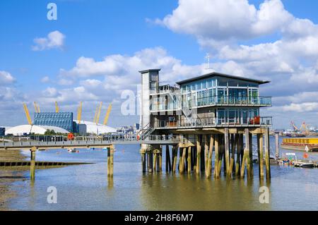Greenwich Yacht Club auf Peartree Wharf an der Themse mit O2 Arena im Hintergrund, North Greenwich, Greenwich Peninsula, London, SE10, VEREINIGTES KÖNIGREICH Stockfoto