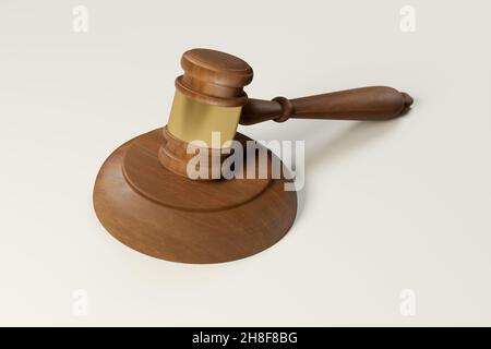 Richter gavel Mockup auf hellem Hintergrund. Richter Hammer, Anwalt, Rechtsanwalt, Urteil. 3D Rendering, 3D Illustration Stockfoto