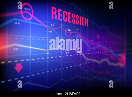 Konjunkturrezession, gestürzte Aktienmärkte und Trading-Verlustvektordiagramme mit umgekehrten Indikatoren, Abwärtsdiagrammen und roten Pfeilen. Verschwommenes Trading-Scre Stock Vektor