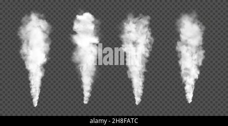 Weißer Rauch aus Feuer, Nebel und Dampf oder Smog-Wolken, Vektor realistische Verdunstung. Dampfrauchspuren, weiße Wolken von Smog-Spuren und rauchiges Kondenswasser Stock Vektor