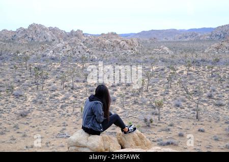 Asiatische Amerikanerin sitzt auf Felsen im Joshua Tree National Park, Kalifornien Stockfoto