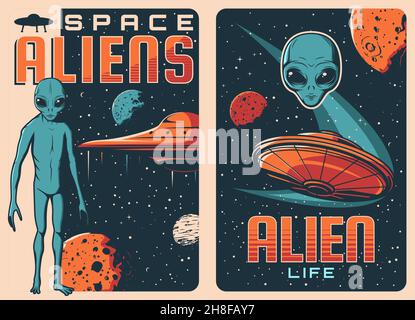 Aliens und UFO Retro-Poster. Außerirdisches Leben und Raumschiffe, Weltraum-Exploration Vektor Vintage-Banner mit fliegenden Untertasse, fernen Galaxienplaneten und Stock Vektor