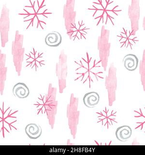 Aquarell nahtlose handgezeichnete Muster mit rosa Weihnachtselemente, moderne Boho Hintergrund mit erröten Girly Ornamente Schneeflocken Strümpfe abstrakte Formen, zum Einwickeln Papier Textil Party Dekoration Stockfoto