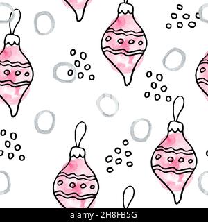 Aquarell nahtlose handgezeichnete Muster mit rosa Weihnachtselemente, moderne Boho Hintergrund mit erröten Girly Ornamente Schneeflocken Strümpfe abstrakte Formen, zum Einwickeln Papier Textil Party Dekoration Stockfoto