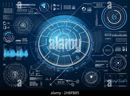 HUD Sci Fi-Schnittstelle mit kreisförmiger Zielsteuerung, Radar- und Soundcheck-Vektorgrafikelementen. Benutzeroberfläche für Spiele, Programme oder Apps futuristi Stock Vektor